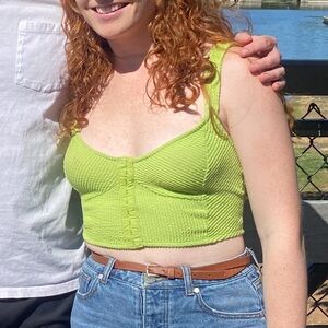 UO Estella Textured Lime Green Corset Crop Tank Top, Hook & Eye